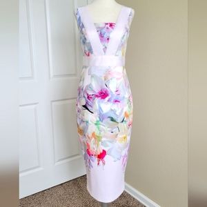 Ted Baker Pink Floral Pencil Dress with Sash Detail at Bodice Size 2